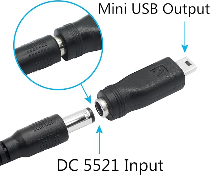 DC 5.5mm x 2.1mm to Mini USB Adapter, 5V DC 5521 Female to Mini USB Male Plug Convert Connector Power (4Pcs)
