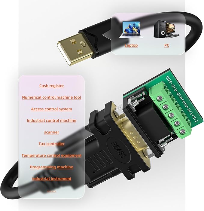 USB to RS422 RS485 Serial Port Converter Adapter Cable with FTDI Chip Supports Windows 11 10 8 7 XP Mac -10 Feet…