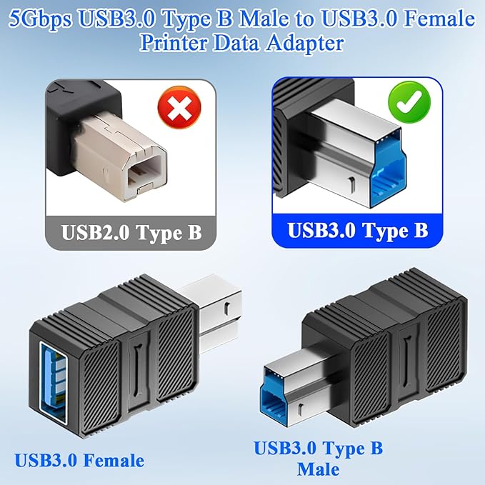 QIANRENON 5Gbps USB3.0 B to USB 3.0 Data Connector USB3.0 Type B Male to Type A Female Printer Adapter USB-B 3.0 to USB-A 3.0 Converter, for Hard Drive Scanner (Unsuitable USB-B 2.0), 2Pcs