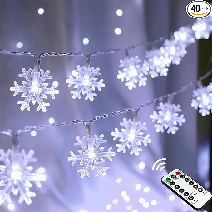 Christmas Snowflake String Lights, 20 FT 40 LED Battery Operated Fairy Lights with Remote, 8 Modes Timer Hanging Decor for Bedroom Patio Party Wall Indoor Outdoor Xmas Tree Decorations Cool White