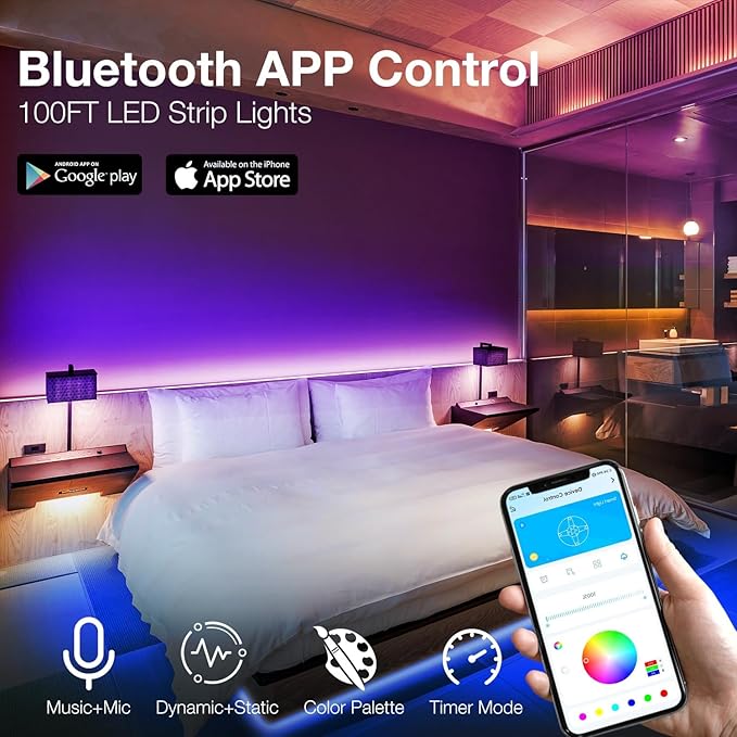 DAYBETTER LED Strip Lights 100ft, Smart Lighting with App Remote Control, RGB LED Lights for Bedroom, Music Sync Color Changing for Room Home Decor Party (1 Roll)