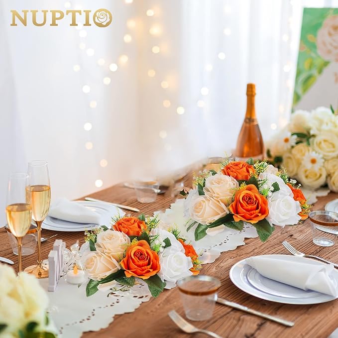 NUPTIO Flower Ball Arrangement Bouquet - 6 Pcs 9.5 inch Diameter Orange Fake Flowers Roses Balls for Centerpieces Tables - Artificial Rose Arrangements for Wedding Centerpiece Table Decorations