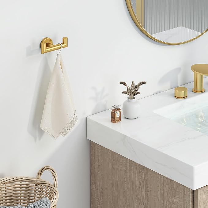Angle Simple Bathroom Double Hook Brushed Gold, SUS304 Stainless Steel Bath Towel Holder, Double Robe Hanger Wall Mount