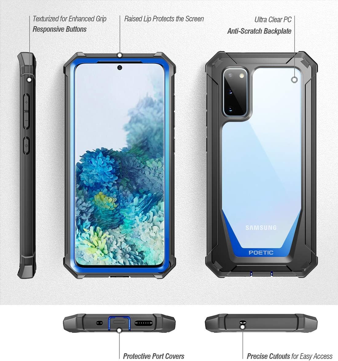 Poetic Guardian Series Case for Samsung Galaxy S20, Full-Body Hybrid Shockproof Bumper Cover, Blue/Clear
