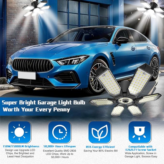 Garage Light - Super Brighter 15000LM Garage Light Bulb 150 Watt Equivalent Screw into E26 Socket w/ 6 Deformable Panels 6500K Led Shop Lights for Base Basement Workshop Warehouse Attic