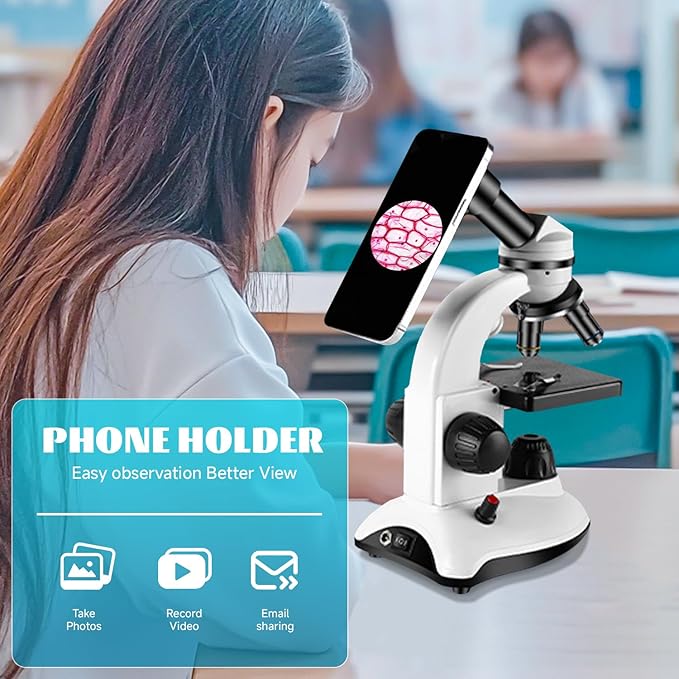 Microscope for Kids Starter Adults 64X-1280X Metal Monocular Microscope for Students School Home Education LED Lights Phone Holder Microscope Kit