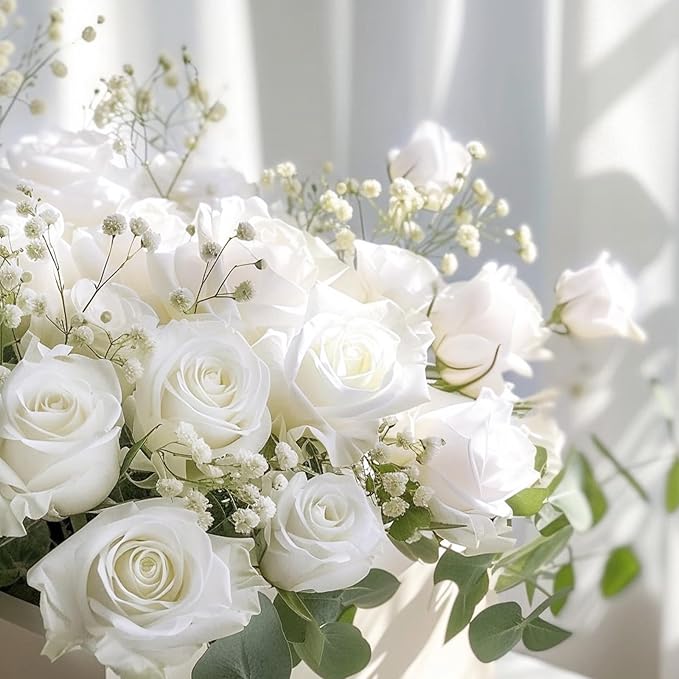 BLEUM CADE 100 Pcs White Roses Artificial Flowers, Real Touch Velvet Roses Fake Flowers Bulk, Artificial Roses Bouquet with Long Stems Bridal DIY Wedding Party Centerpiece Decorations