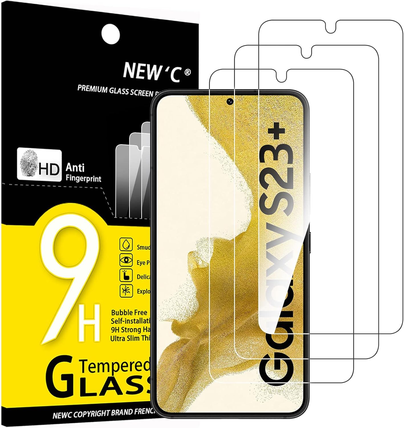 NEW'C [3 Pack] Tempered Glass Screen Protector for Samsung Galaxy S23 Plus/S23+, Anti Scratch, Bubble Free