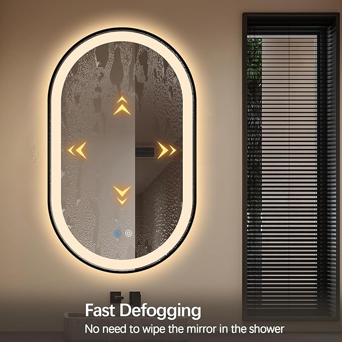 Niccy Oval LED Mirror for Bathroom, 40x24 Front Lit + Backlit Vanity Mirrors with Light Anti-Fog, Shatter-Proof, 3 Colors, Makeup Mirror with Black Frame (Horizontal/Vertical)