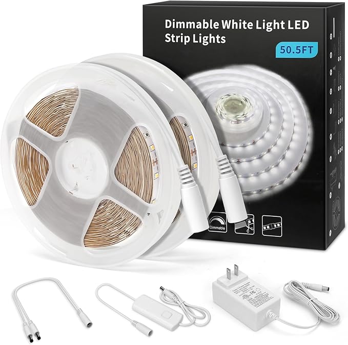 MYPLUS 50FT White LED Strip Lights, Dimmable LED Tape Light 6500K Bright Daylight White, Flexible Under Cabinet Lights with 900 LEDs and UL Listed Safety Power Supply for Room,Kitchen and décor