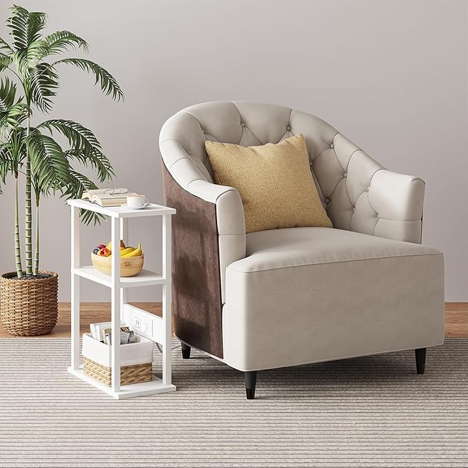 VIMBER Narrow Side Table with Charging Station, 2 Set Skinny End Table for Small Spaces, Sofa Beside Tables with Storage Shelf, Slim Nightstand with USB Ports Outlet, Couch Table White UTBT003W2
