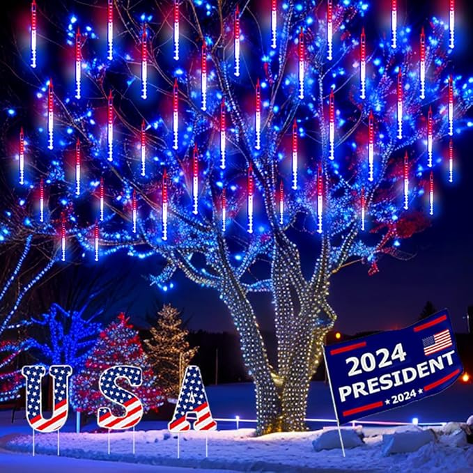 Kwaiffeo 4th of July Decorations Outdoor, Red White Blue Meteor Shower Lights for Independence National Memorial Day, Patriotic Flag Lights, 8 Tubes
