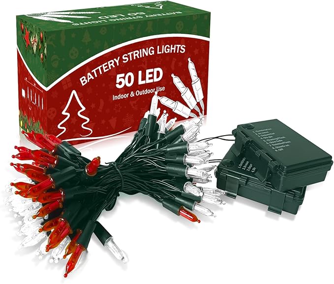 KOUQIYA Battery Operated Christmas Lights 2 Pack, 17ft 50 LED Mini String Light with Auto-Timer 8 Modes Waterproof Tree Lights (Red&White)