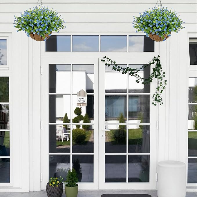 Artificial Hanging Flowers Basket for Outdoor, 16 Fake Flowers Look Real UV Resistant, Faux Hanging Plants for Porch, Balcony, Patio, Garden, Spring Summer Decor,Blue