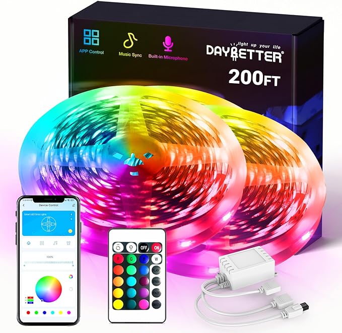 DAYBETTER Smart RGB Led Strip Lights, 200ft Led Lights for Bedroom with App Control, Multicolor Changing Led Light Strips Apply for Home Decor, Living Room, Kitchen, Home Party Decoration