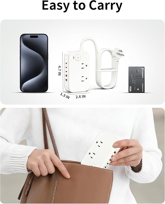 5FT Portable USB C Power Strip Surge Protector PD 20W Flat Wall Plug Charger Multipl Outlets with 2500W AC Outlets, 3 USB-C Ports, 2 USB-A Ports for Home/Office/Travel