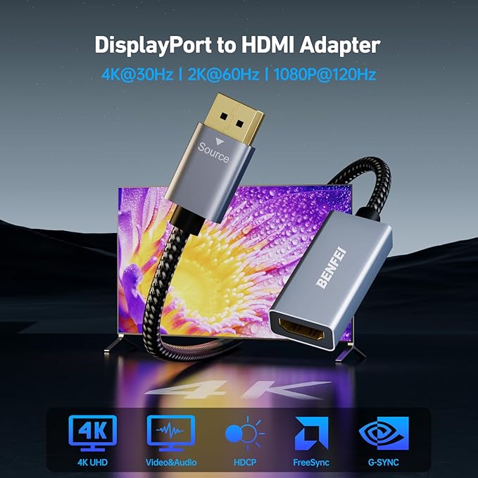 BENFEI 4K DisplayPort to HDMI Adapter Cable, (2K 60Hz, 1080p 120Hz) Uni-Directional Display Port to HDMI Monitor Converter Compatible for HP, Dell, GPU, AMD, NVIDIA, More. Male to Female