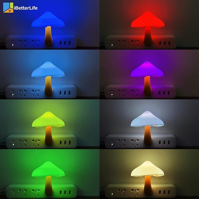 iBetterLife Mushroom Sensor LED Night Light - Plug-in 7 Color Changing Mushroom Lamp, Mini Dream Bed Cute Colourful Nightlight for Adults Kids for Bedroom, Bathroom, Stairs, Hallway Corridor
