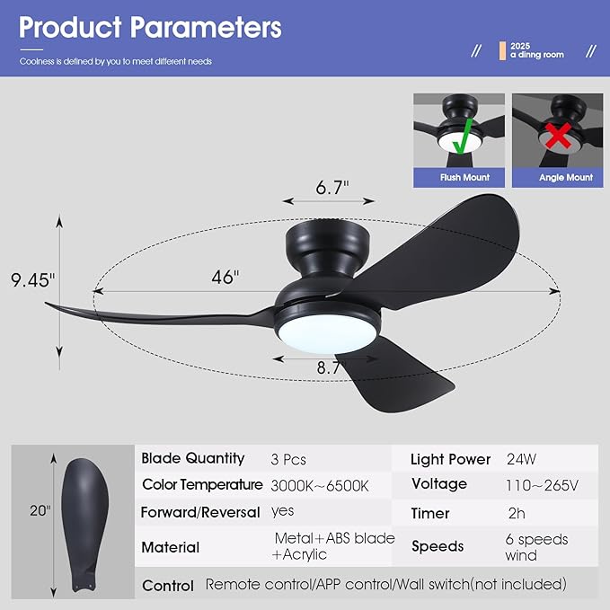 46 Inch Modern Ceiling Fans with Lights, Flush Mount Ceiling Fan with Remote/APP Control, 3 Reversible Curved Blades, 6 Speeds, 3 CCT Dimmable Lights for Bedroom Kitchen, Black