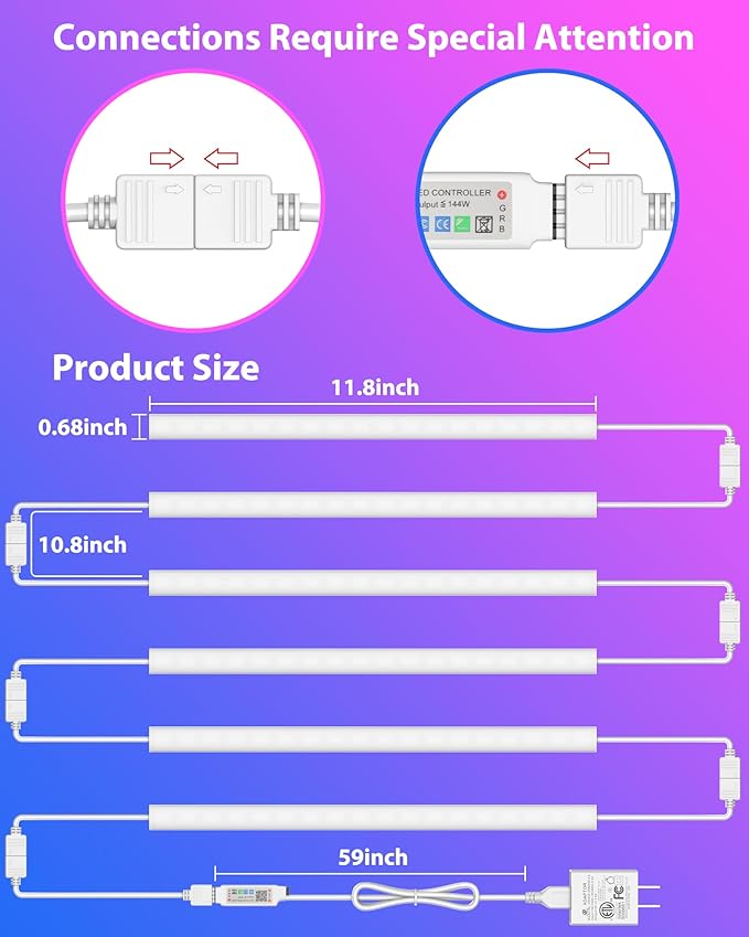 ASOKO 300 Lumens RGB Under Cabinet Led Light Plug in, 6 Pack 12 inch Linkable Led Under Counter Lights, Music Sync RGB LED Strip Lights with APP & Remote Control, Ambient Lights for Room Decor
