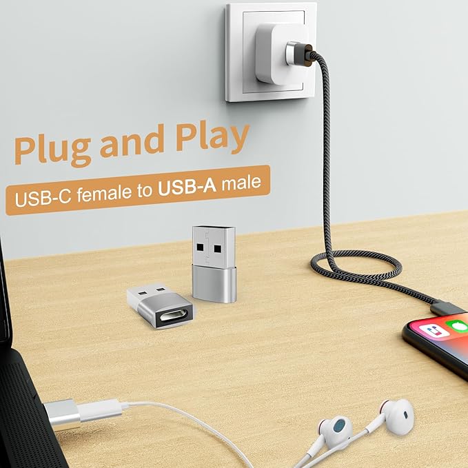 [10 Pack] USB to USB C Adapter, Type C Female to A Male Charger Cable Converter for iPhone 15 14 13 Pro Max Plus, Apple Watch Ultra iWatch 9 8 7, MacBook Pro, iPad 10 9,Samsung Galaxy S20-23, Silver