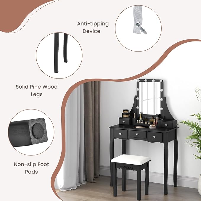 CHARMAID Vanity Desk with Mirror and Lights, Makeup Vanity Table with 5 Storage Drawers, 3 Color Lighting Modes, Adjustable Brightness, Modern Bedroom Dressing Table with Vanity Stool, Black