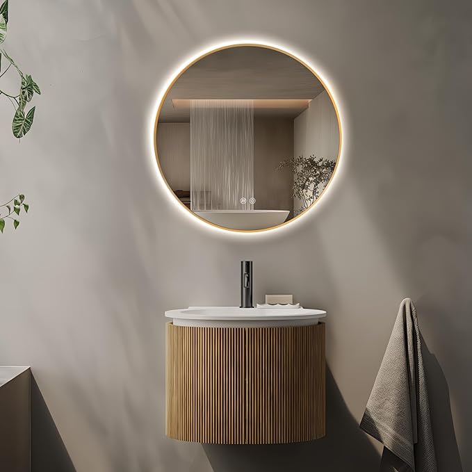 Niccy Round Led Mirror for Bathroom, 24" Backlit Mirror for Wall Circle Lighted Mirror with Gold Frame Anti-Fog, 3 Colors, HD Glass and IP65 Waterproof
