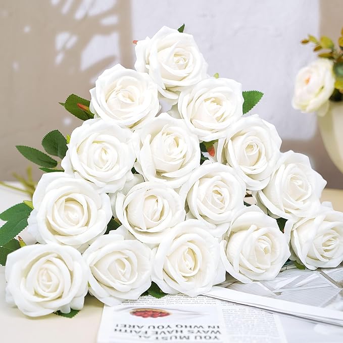 Ouddy Decor 50 Pcs Artificial White Roses Bulk Realistic Silk Roses with Long Stems Fake Roses Flowers for Wedding Bridal Bouquet DIY Table Centerpieces Arrangement Valentines Day Home Decor, White