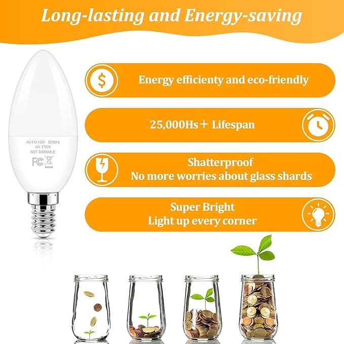 Brightever E12 LED Candelabra Light Bulbs 40W Equivalent, 4W Warm White 2700K Ceiling Fan Bulbs, Chandelier Candle Lights for Wall Lanterns, Pendant Lights, Non-Dimmable, Pack of 12