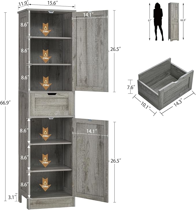 Iwell 67" Tall Bathroom Cabinet with Adjustable Shelves & 1 Drawer, Storage Cabinet with 2 Doors, Narrow Tall Cabinet, Floor Cabinet for Bathroom, Living Room, Home Office, Grey