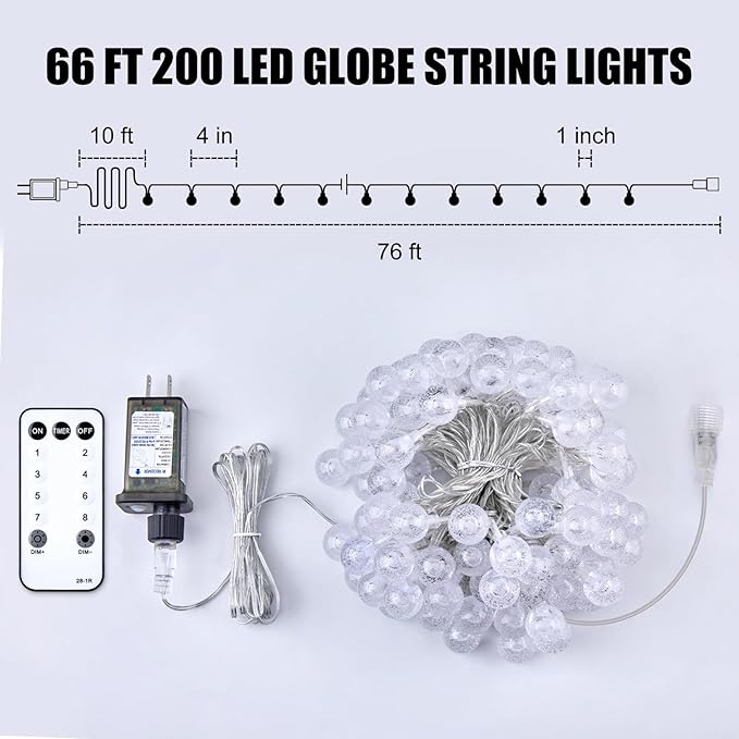 Minetom Crystal Globe String Lights Plug in - 66 ft 200 LED Globe Fairy String Lights with Remote and Timer, Waterproof for Bedroom Tent Loft Bed Window Porch Patio Wedding Holiday Decor, Warm White