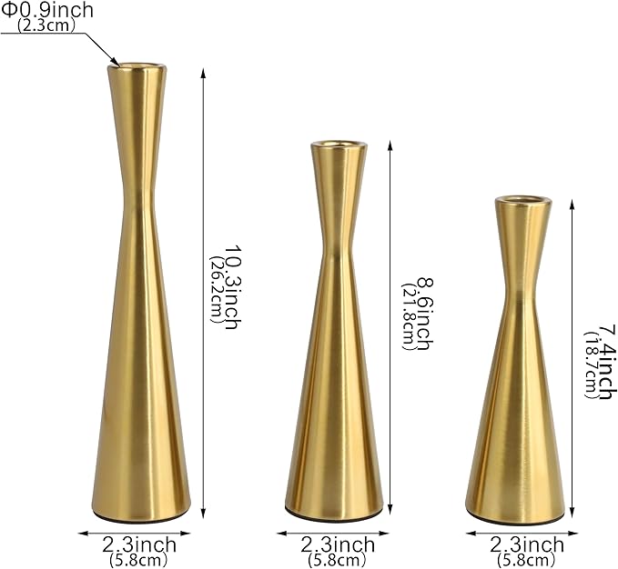 Vixdonos Brass Gold Taper Candle Holders Metal Candlestick Holders Set of 3 Table Mantel Decorative Candle Stand for Dinning,Party，Wedding,Home Decor(Brass Gold)