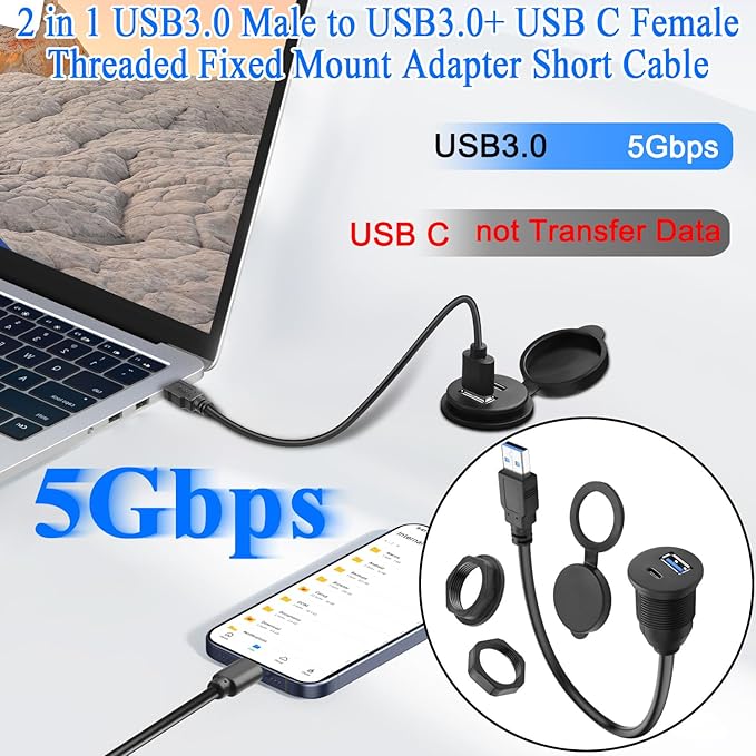 QIANRENON 2-in-1 USB3.0 to USB3.0 & USB C Threaded Fixed Adapter Short Cable 5GBps Type A Male to A + C Female Embedded Mount 1 to 2 Connector, 5V3A Charging, Mounted Car/RV Dashboard, 30cm/11.8in