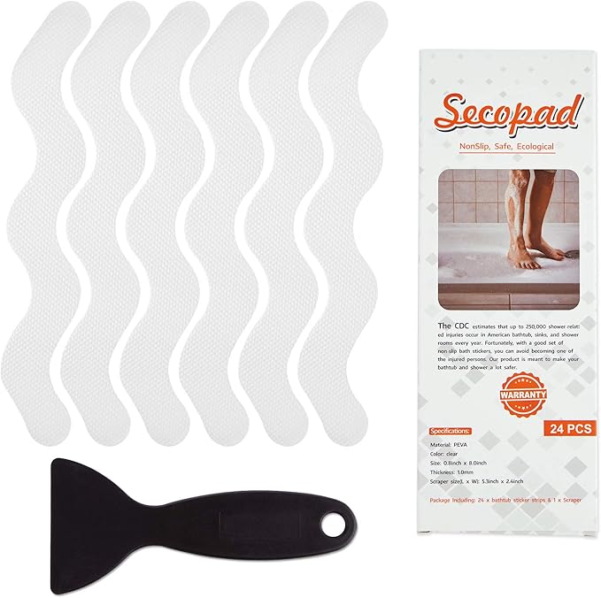 USA Patented Anti Slip Shower Stickers 24 PCS Safety Bathtub Strips Adhesive Decals with Premium Scraper for Bath Tub Shower Stairs