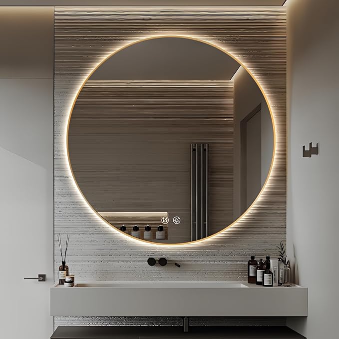 Niccy Round Led Mirror for Bathroom, 40" Backlit Mirror for Wall Circle Lighted Mirror with Gold Frame Anti-Fog, 3 Colors, HD Glass and IP65 Waterproof