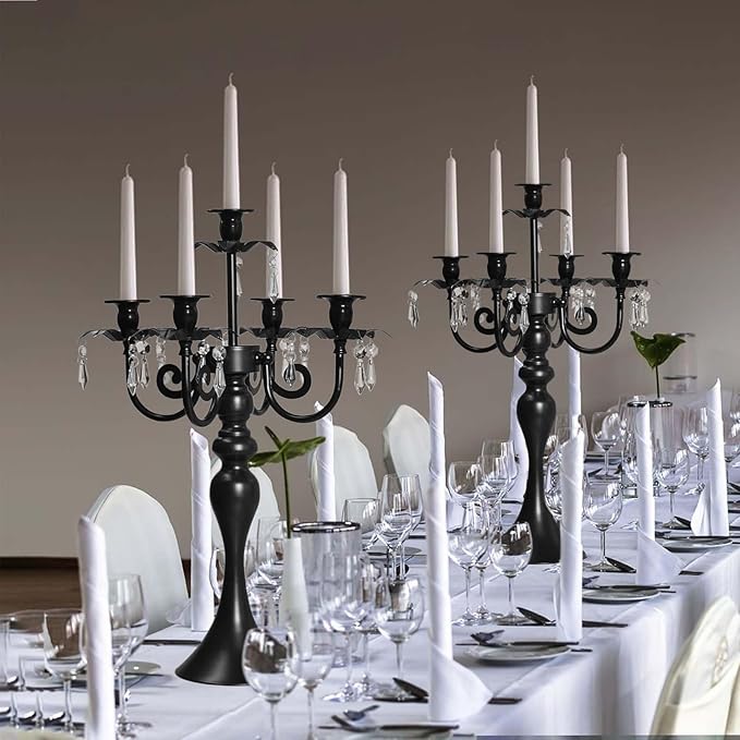 20''Tall Crystal Pendant Taper Candle Holders/Stylish Candle Stands/Candlesticks Holder/Candelabra for Home Decor, Weddings/Parties/Elegant Dining Table Centerpiece (4, Black, 5 Arm)