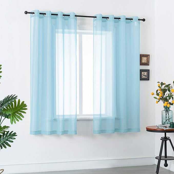 DUALIFE Sky Blue Voile Sheer Curtains Grommet,Look Semi Natural Light Flow Sheer Curtain Panels,Elegant Solid Color Touch Soft Drapes, 52X45 Inch for Living Room Bedroom,Set of 2 Panels Baby Blue