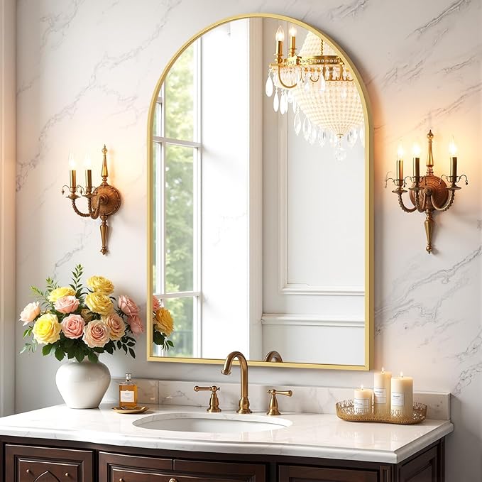 Sweetcrispy Arched Bathroom Mirror 36x25 Inch Gold Metal Framed Arch Vanity Mirror for Wall, Over Sink, Farmhouse, Restroom, Anti-Rust, Modern Decorative, Hanging or Leaning