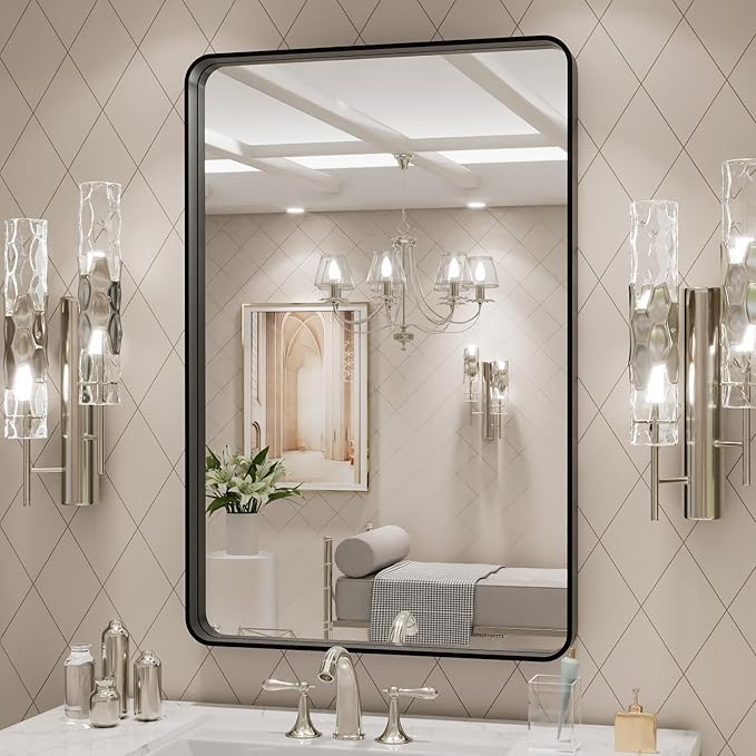LOAAO 20X30 Inch Black Metal Framed Bathroom Mirror for Wall, Matte Black Bathroom Vanity Mirror Farmhouse, Large Rounded Rectangle Mirror, Anti-Rust, Hangs Horizontally or Vertically