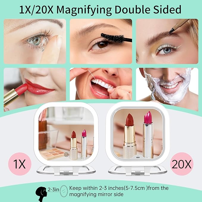 FASCINATE 20X Magnification Rechargeable Travel Makeup Mirror, 7" Lighted Portable Vanity Mirror with 3 Colors Lighting & Stepless Dimming, Double Sided LED Mirror, Gift for Women (White)
