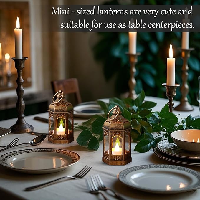 LLQ 12Pcs Mini Lantern with LED Tea Light, Garden Fairy Party Decorations, Battery Included, Vintage Lanterns Decorative, Hanging Candle Lanterns for Halloween Christmas Wedding Table Centerpiece