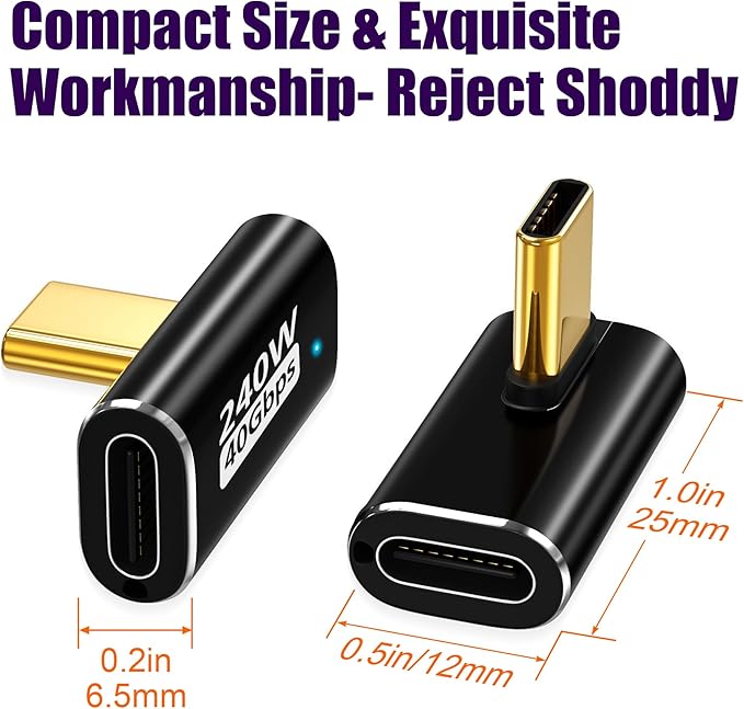 AGVEE 2 Pack Mid Angle USB4 USB-C Male to USB-C Female Adapter Converter Video USB 4.0 240W 40G Data Extension Coupler Connector, Black