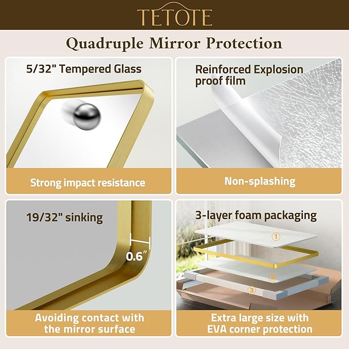 TETOTE Brushed Gold Bathroom Mirror 30 x 30 Gold Metal Framed Bathroom Mirror, Tempered Glass, Modern Farmhouse Wall Mounted Mirror for Decorative(Horizontal/Vertical)
