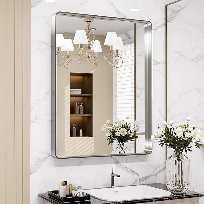 LOAAO 28X36 Inch Brushed Nickel Bathroom Mirror, Rounded Rectangle Silver Metal Frame Mirror, Brushed Nickel, Anti-Rust, Shatter Proof, Hangs Horizontally or Vertically