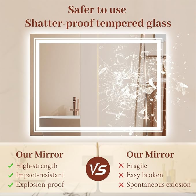40x30 LED Mirror for Bathroom with Front and Backlit Light Up Digital Mirrors for Wall,Anti Fog,Stepless Dimmable,Tempered Silver Glass Smart Vanity Mirror for Bathroom