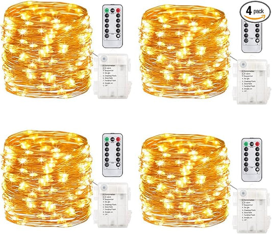 GDEALER 4 Pack 16.4 Feet 50 Led Fairy Lights Battery Operated with Remote Control Timer Waterproof Copper Wire Twinkle String Lights for Christmas Bedroom Indoor Outdoor Wedding Dorm Decor Warm White