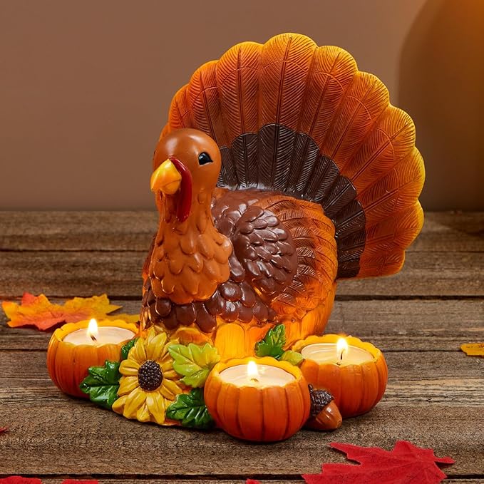 JOYIN Thanksgiving Turkey Candle Holders, Thanksgiving Turkey Tabletop Centerpiece Decor, Fall Centerpiece Table Decorations, Tea Light Pumpkin Candle Holder, Indoor Home, Kitchen Autumn Decor