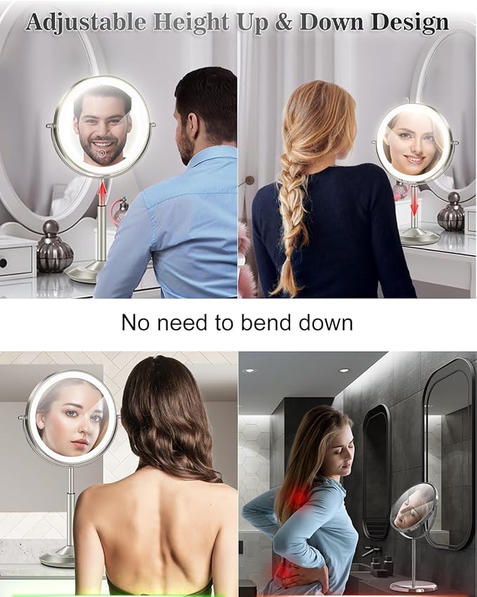 Makeup Mirror with Lights, 1X/30X Lighted Magnifying Mirror Height Adjustable, 3000mAh Rechargeable Double Sided Vanity Mirrors with 3 LED Lighting and Adjustable Brightness for Desk Women Gift