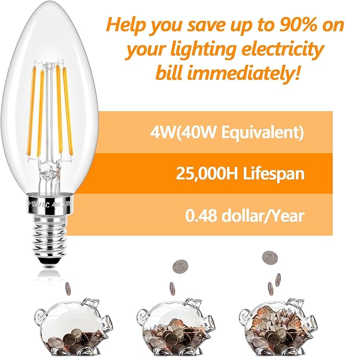 Dimmable E12 LED Candelabra Bulbs 40 Watt Equivalent, 4W Vintage Candle Light Bulbs, 470Lm Warm White 2700K B11 Edison Bulb, Filament Clear Glass Lamp Bulb for Chandelier Ceiling Fan (20 Packs)