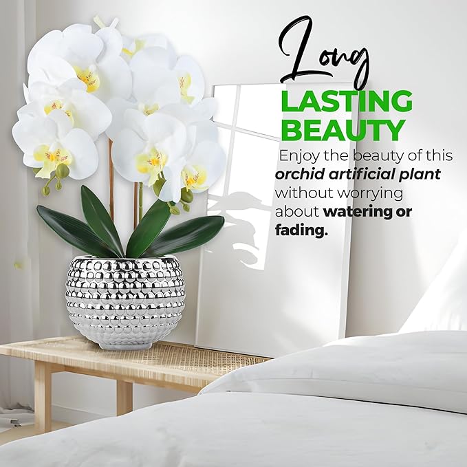 Large Orchids Artificial Flowers, 17'' White Faux Orchids with Gold Pot for Living Room Decor, White Faux Orchid Plant for Bathroom Kitchen Home Indoor Hotel Decor (Large Silver)